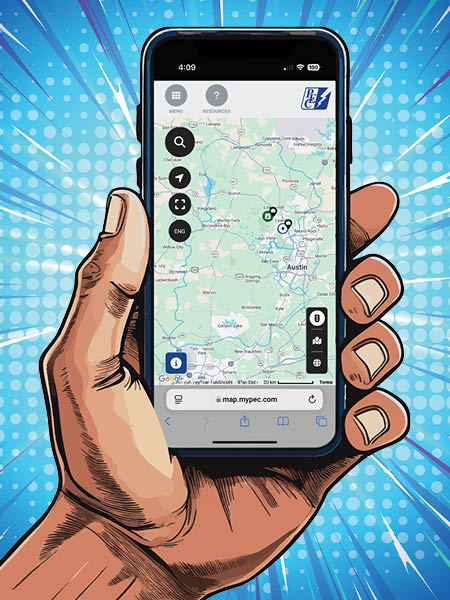 Comic book style graphic of a hand holding a mobile phone displaying the PEC outage map.