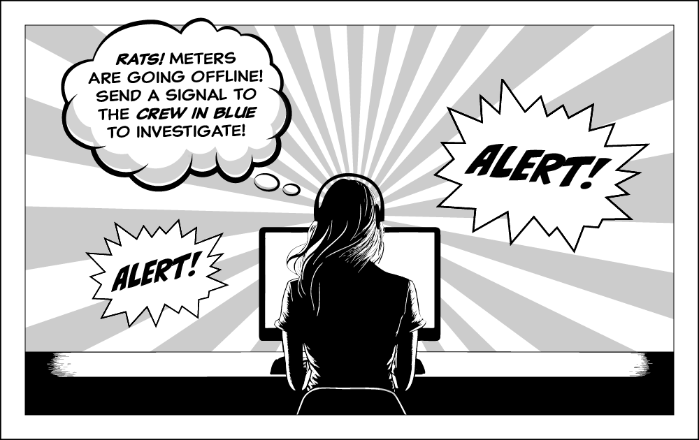 Illustration of a woman sitting in front of a computer: ALERT! ALERT! "Rats! Meters are going offline! Send a signal to the Crew in Blue to investigate!"