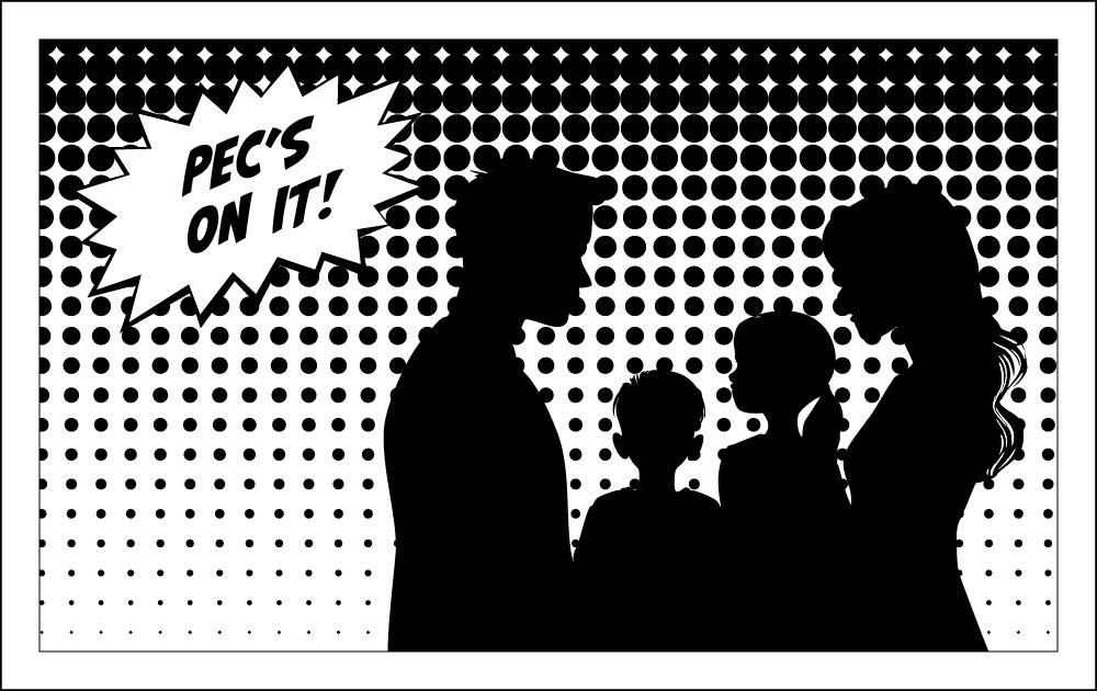 Illustration of a family huddled together: "PEC is on it!"