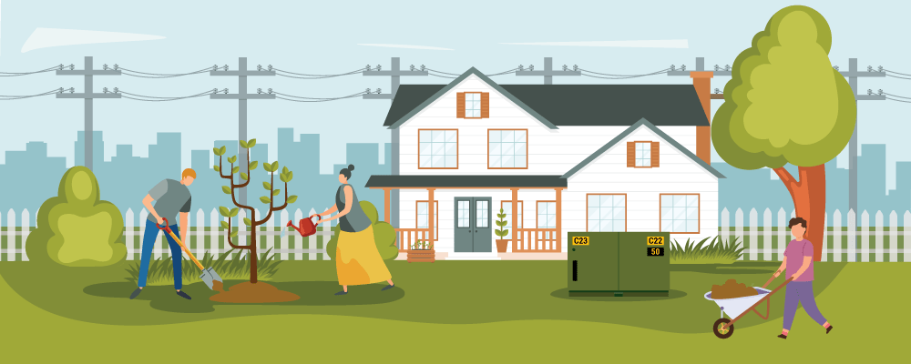 Illustration of people planting trees with ground transformer in foreground and power lines in background