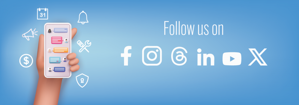 follow-us Graphic image of a hand with mobile phone and social media icons