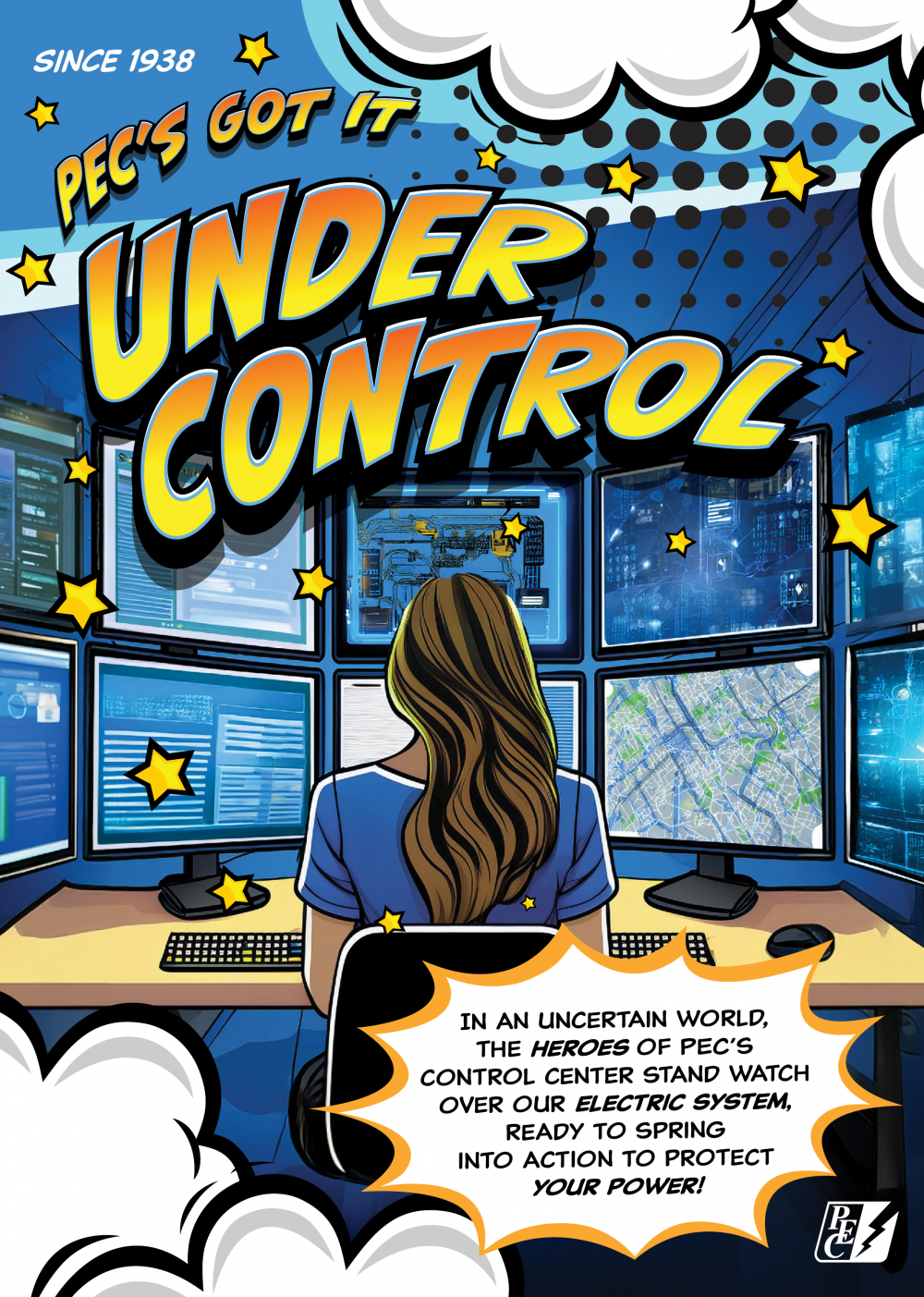 Comic book cover illustration of a woman sitting in front of a wall of monitors analyzing data.