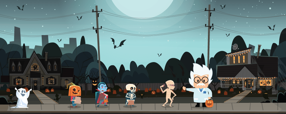 Illustration with Professor Volt character and energy vampire cartoons